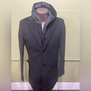 Deniko coat black 2 button front lapel hoody wool 7/8 length modern fit